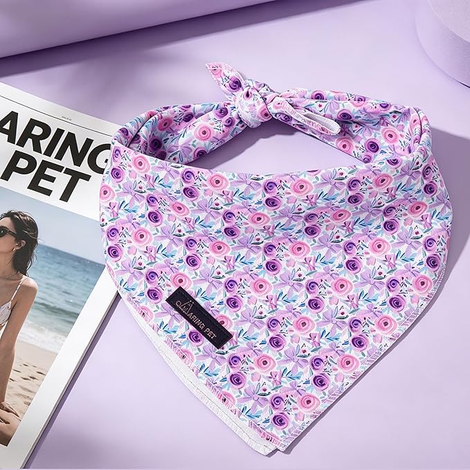 ARING PET Girl Dog Bandanas, Cute Summer Purple Rose Bow Floral Pet Bandana - Image 2