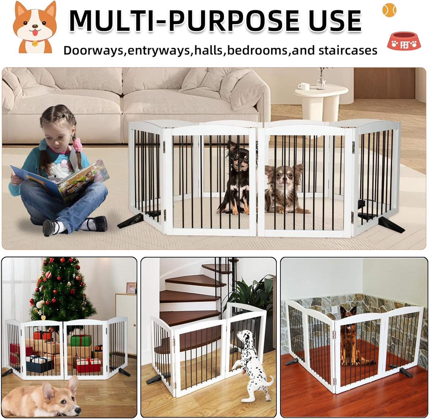 ZJSF Freestanding Foldable Indoor Dog Fence for Stairs Wood White Long Pet Gates for Dogs, Dog Gates for Hallways,Puppy Gates for House Support Feet Included 24 "Height-2 Panels