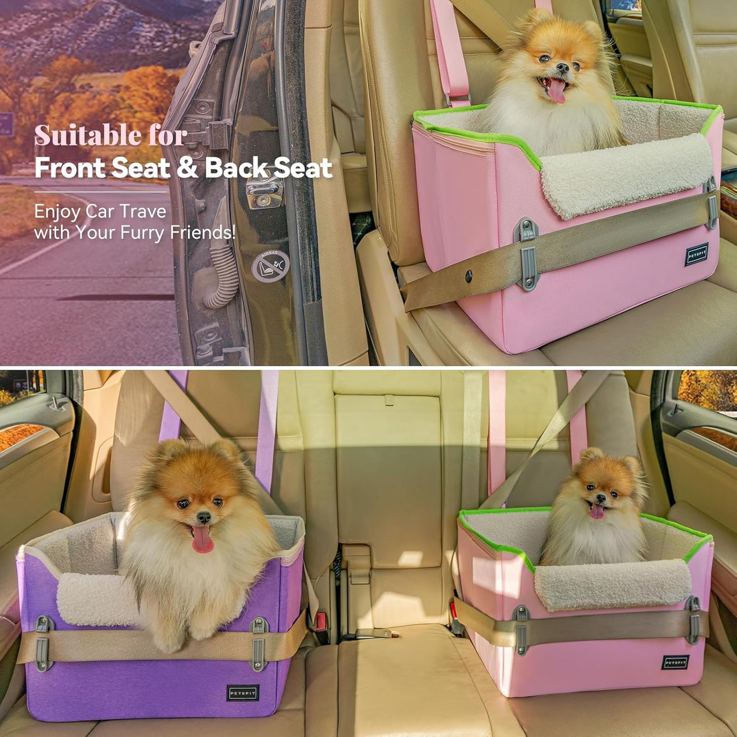 PETSFIT Small Dog Car Seat, Patent Safe Buckles Dog Booster Car Seat, Cat Car Seat with Safety Belt, Suitable for Small Pets Up to 25lbs (Pink)