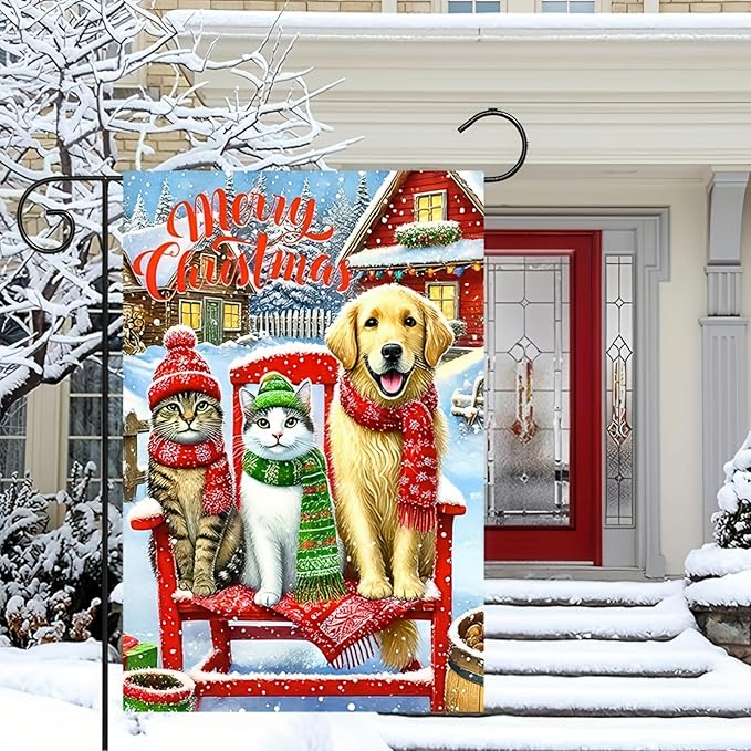 Merry Christmas Garden Flag 12x18 Double Sided Winter Cats and Dog Garden Flag - Image 2
