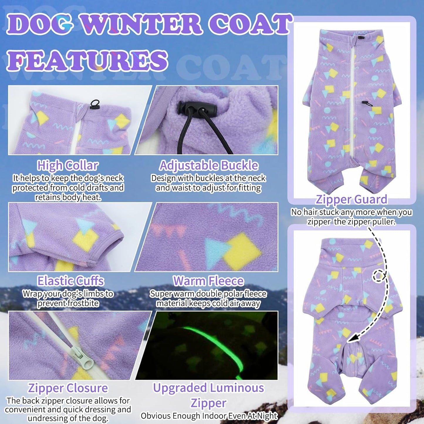 ROZKITCH Dog Fleece Jumpsuit Large, Pet Windproof Warm Cold Weather Jacket Vest with Luminous Zipper, Dog Halloween Costume Jumpsuit Apparel Outfit Clothes for Large Dogs Geometry 2XL