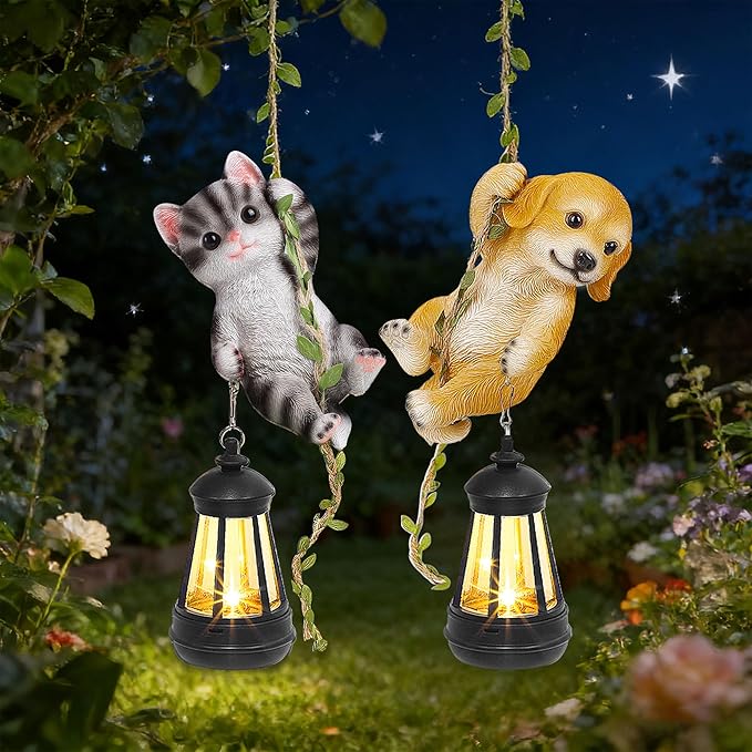 Set of 2 Solar Hanging Statue, Outdoor Resin Black White Cat & Golden Retriever - Image 9
