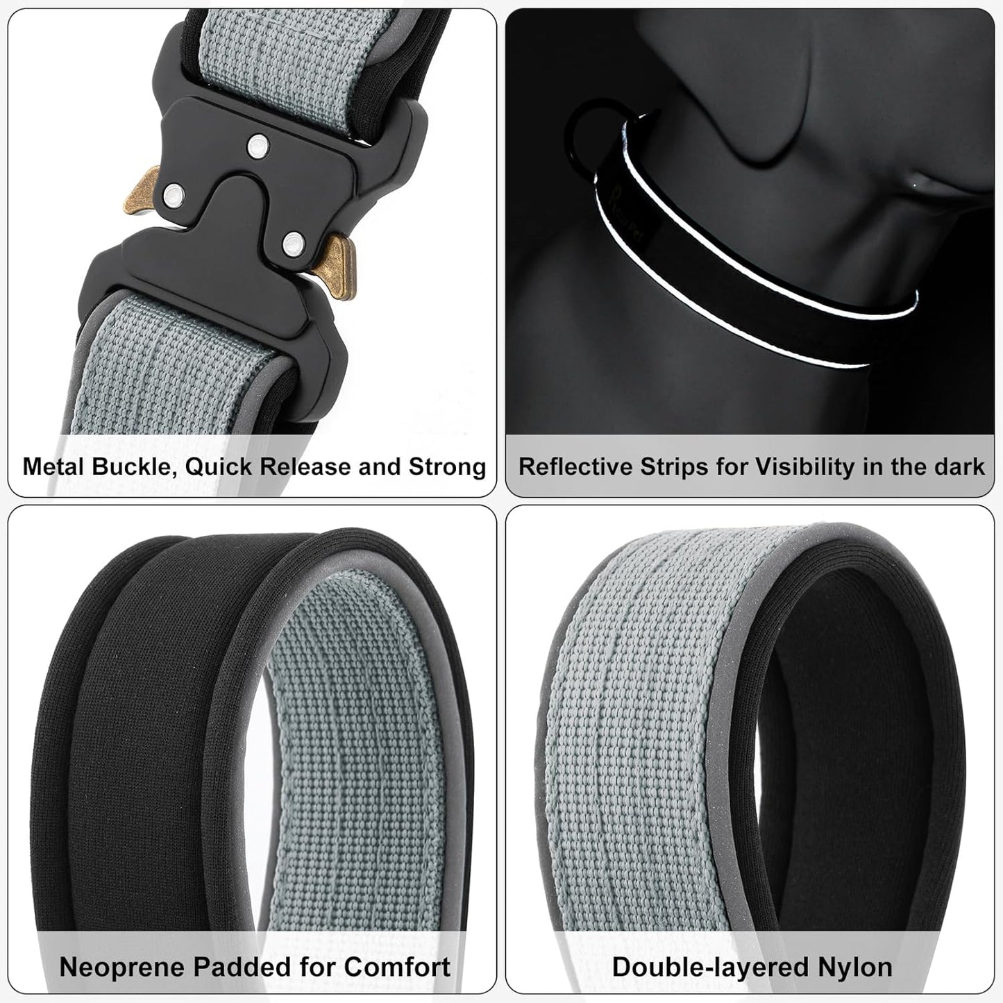 Plutus Pet Tactical Dog Collar, Reflective, Adjustable Heavy Duty Dog Collar, Soft Padded and Comfortable, for Small Medium and Large Dogs (Gray, L)