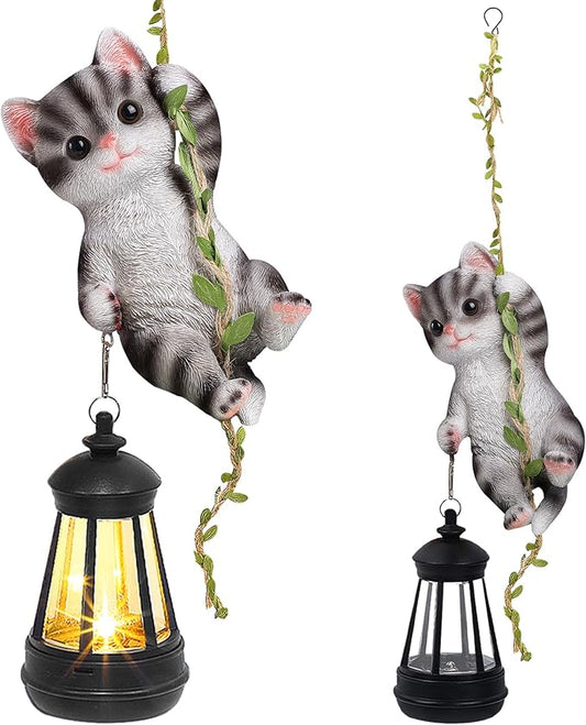 Solar Hanging Cat Statue, Outdoor Resin Black Cat Figurine by ZaaYee