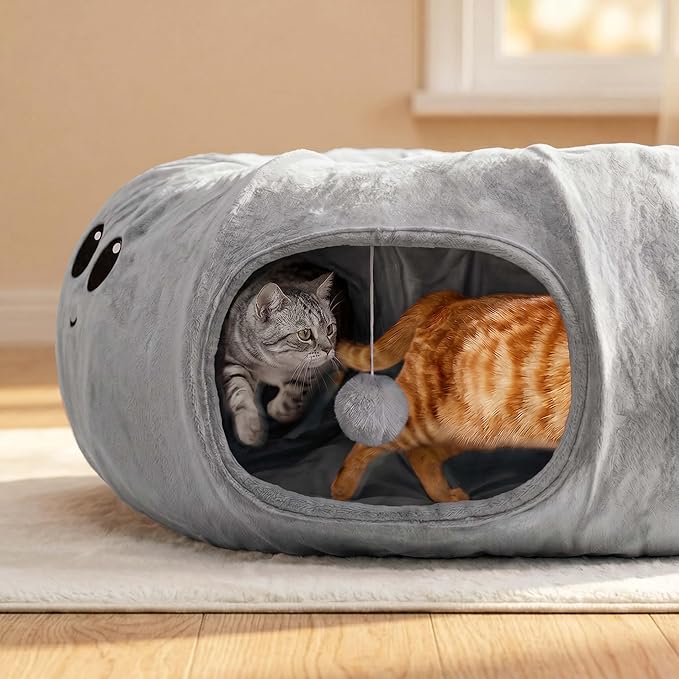 Cat Tunnel Bed for Indoor Cats, Peekaboo Cat Cave Bed - Image 2