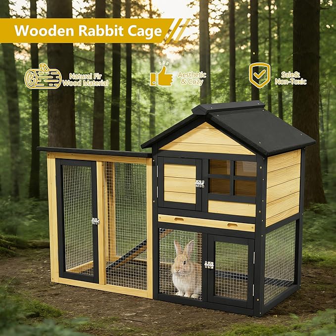 Outdoor Rabbit Hutch with Chew-Proof, 2-Story Bunny Cage with Pull-Out Leak - Image 7