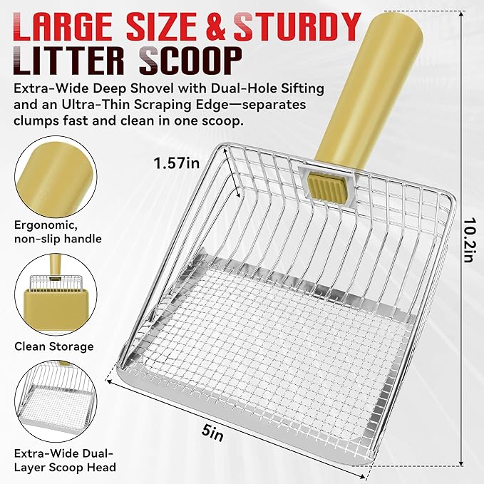 Metal Cat Litter Scoop with Holder, Heavy Duty Deep Sifter with Dual-Hole - Image 2