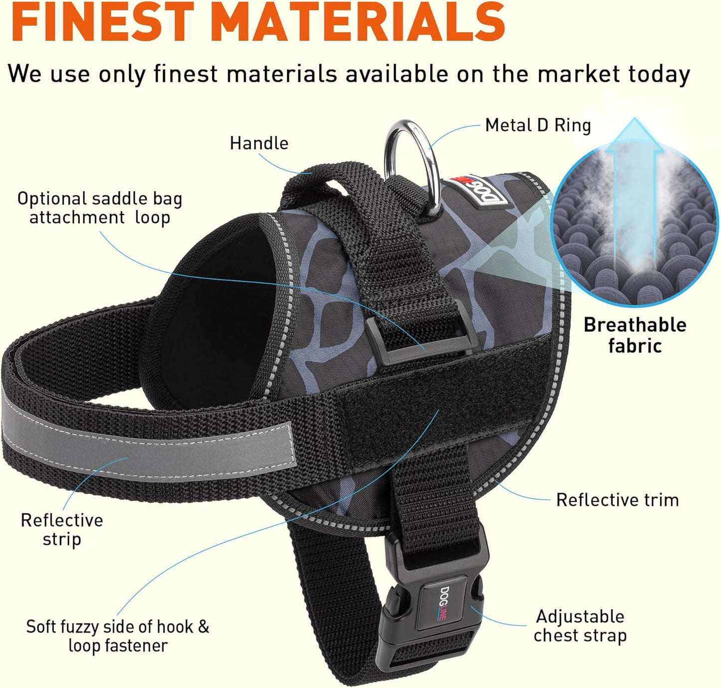 Dogline Dog Harness, Reflective No-Pull Adjustable Vest with Handle for Walking, Training, Breathable, No - Choke Harness for Small, Medium or Large Dogs Room for Patches Girraffe Grey XS 15"-18"