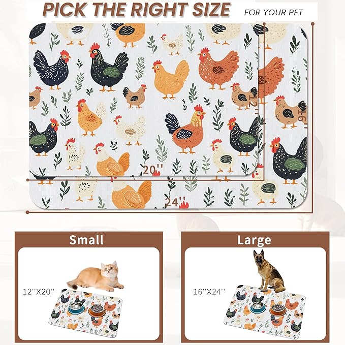 Rooster Dog Cat Food Mat, Hen Chicken Meadow Absorbent Pet Feeding Mat - Image 2