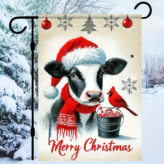 Merry Christmas Garden Flag 12x18 Double Sided Cow Winter Garden Flag - Image 4