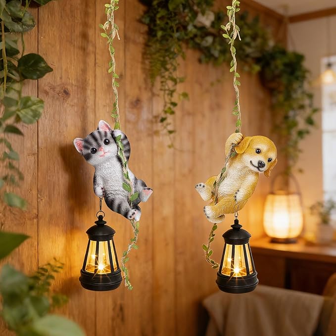 Set of 2 Solar Hanging Statue, Outdoor Resin Black White Cat & Golden Retriever - Image 7