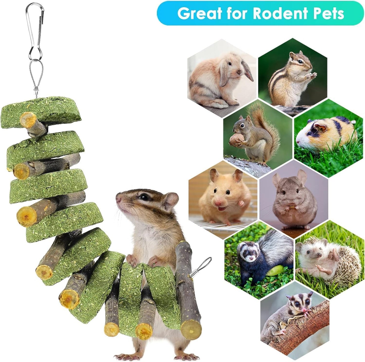 ERKOON Bunny Chew Toys, Rabbit Chew Toys for Teeth Grinding, Improve Dental Health, 100% Natural Apple Wood Timothy Grass Cake Treats for Rabbits Guinea Pigs Chinchillas Bunnies Hamsters (9 Pcs)