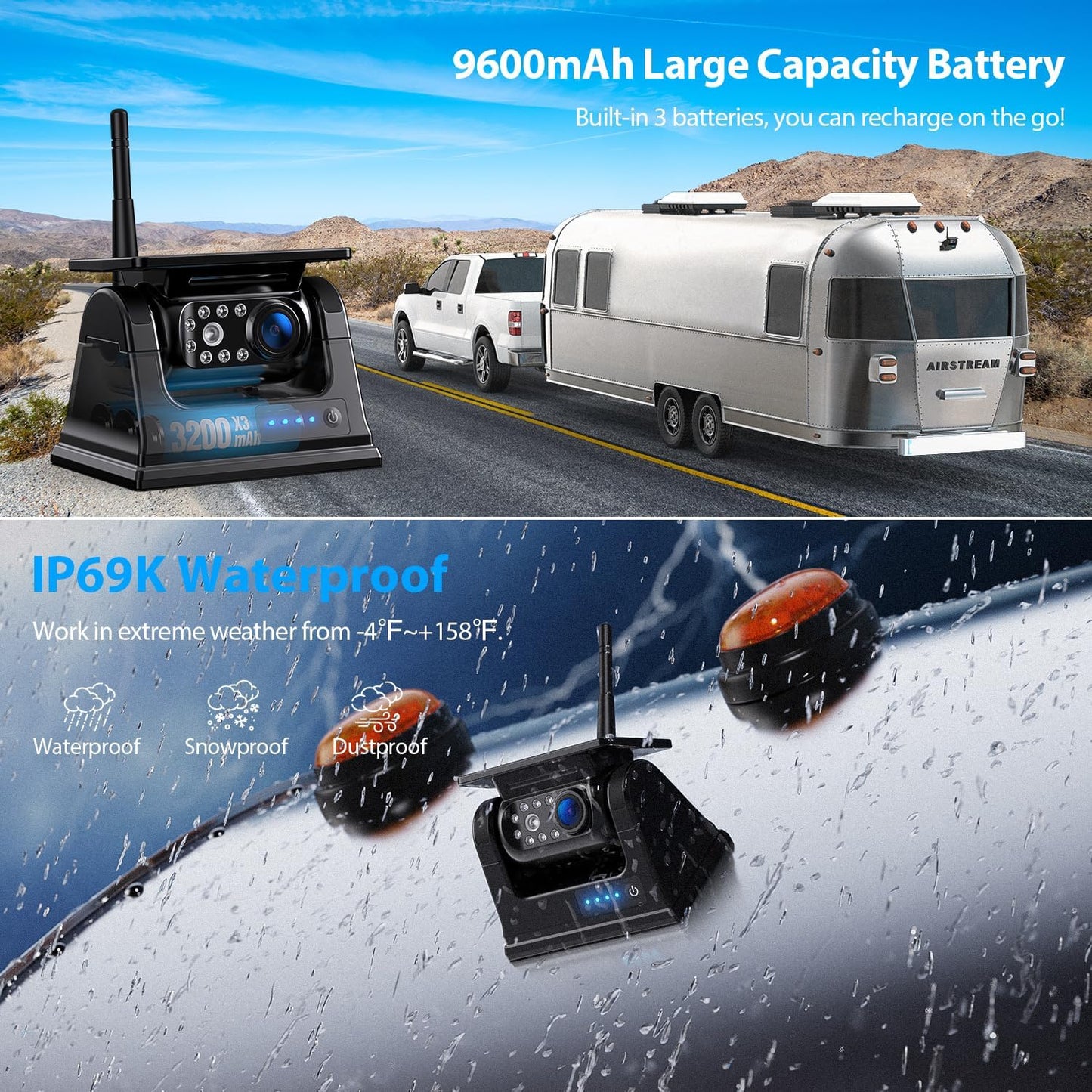 2 Magnetic Solar Wireless Backup Camera HD 1080P 9" DVR Monitor, Solar Rechargeable RV Backup Cameras Wireless System for Hitching Gooseneck Horse Trailer Fifth Wheels RVs Trucks BL902