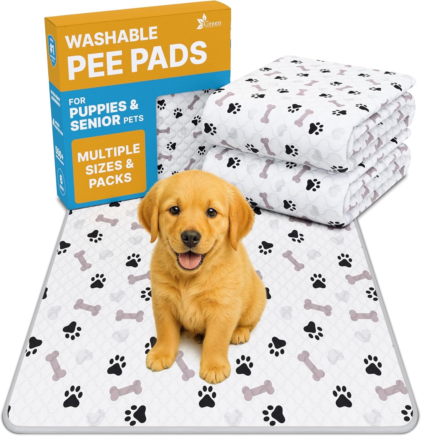 GREEN LIFESTYLE Washable Pee Pads for Dogs - Waterproof Reusable Puppy Pads with Anti-Slip Backing, Pet Training Pad for Puppy Playpen, Crate, Whelping Box, Potty Training (Pack of 24 - 41x41)
