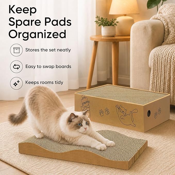 5 Packs Cat Scratcher Set with Storage Box, 2 Wave Lounge Pads + 3 Flat - Image 8
