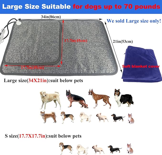 Pet Heating pad for Large Dog cat Heated Bed Dog Heating pad 34" x 21" - Image 2