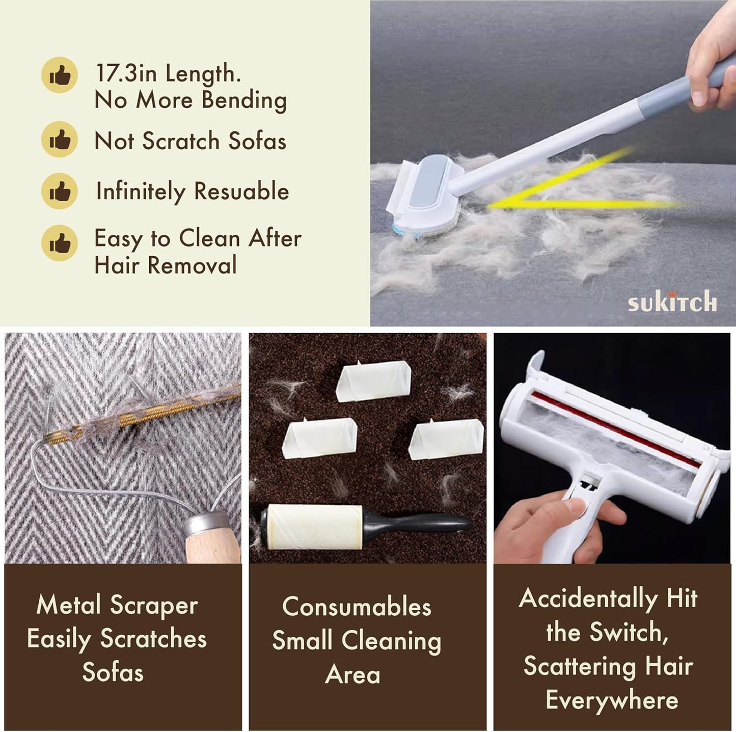 Pet Hair Remover for Couch, Grey, 17.3Inch, Durable, Reusable, Washable Lint Cleaner for Dog and Cat Hair, Gentle on Furniture, Effective on Carpets, Clothing, Bedding