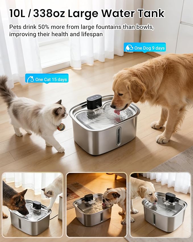 Smart Pet Water Fountain, 10L/338Oz Stainless Steel Cat Water Fountain - Image 4