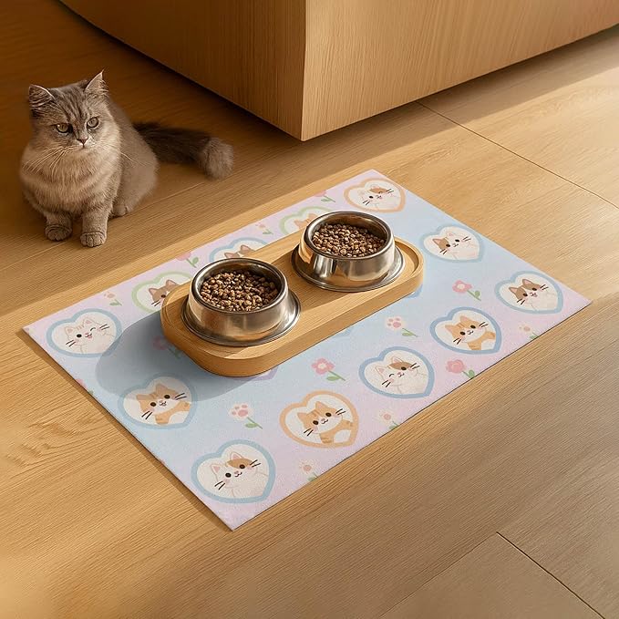 HOMETITUTE Cat Food Mat Pastel Heart Kitten Print, Non-Slip Elegant Pet Bowl - Image 9