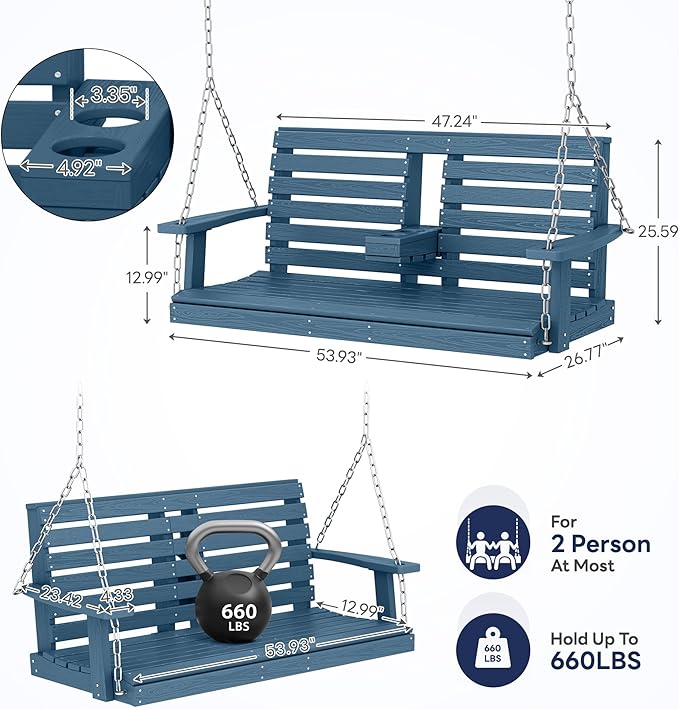 KINGYES Outdoor Hanging Porch Swing Set of 2, 2 Seat Patio Swing Recliner - Image 3