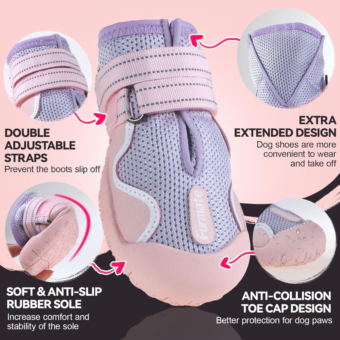 Dog Shoes for Large Small Medium Dogs, Breathable Mesh Dog Boots & Paw Protectors for Summer Hot Pavement Winter Snow, Waterproof Anti-Slip Dog Booties for Hiking Hardwood Floors(Pink-Purple2)
