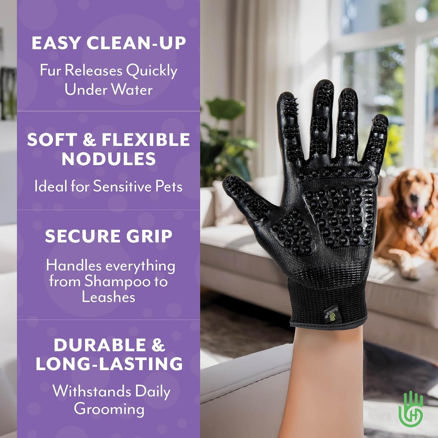 H HANDSON Pet Grooming Gloves - Patented #1 Ranked, Award Winning Shedding, Bathing, & Hair Remover Gloves - Gentle Brush for Cats, Dogs, and Horses (Mono Green, Large)
