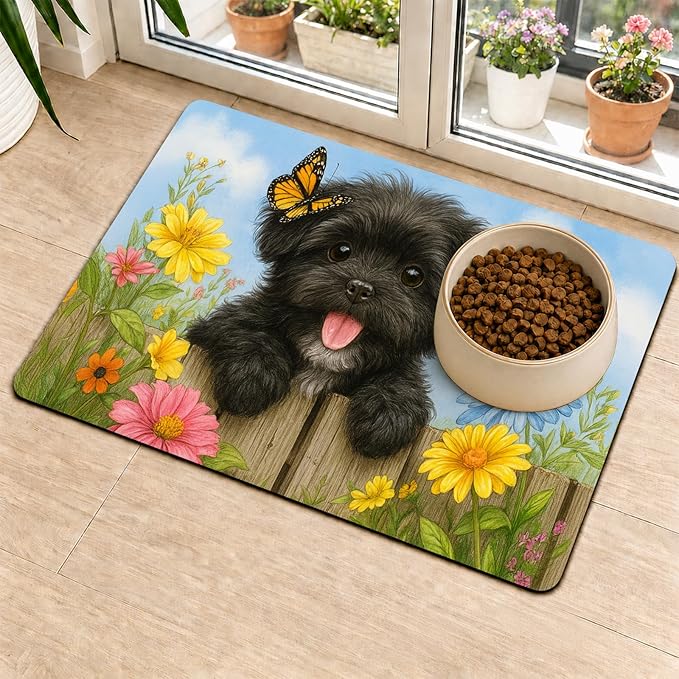 HOMETITUTE Dog Feeding Mat Butterfly Flower Pattern 20" x 12", Non Slip Dog Cat - Image 2