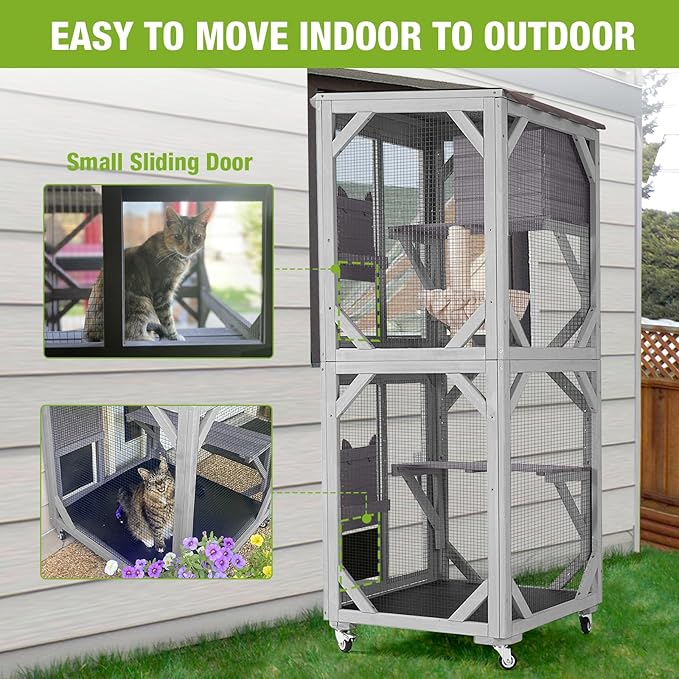 Cat Catio Outdoor Cat Enclosures Movable Cat House on Exercise Wheels Cat Cage - Image 4