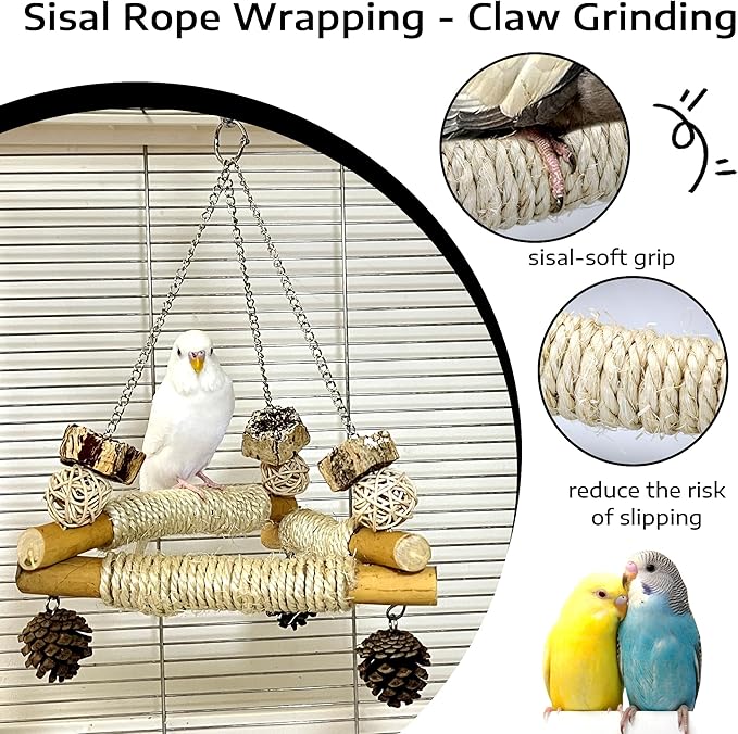 Bird Swing for Cage with Chew Toys, 3 Sisal-Wrapped Parrot Perches & Stable - Image 5