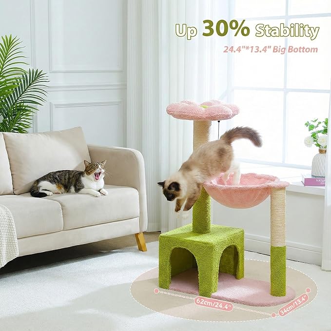 MUTTROS Flower Cat Tree with Large Metal Frame Hammock, Cat Condo with Pink Top - Image 3