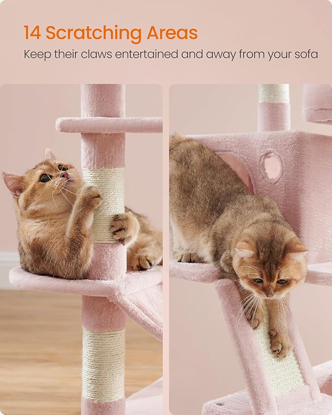 Feandrea Cat Tree, 66.1-Inch Large Cat Tower, 2 Perches, 2 Caves, Jelly Pink - Image 6