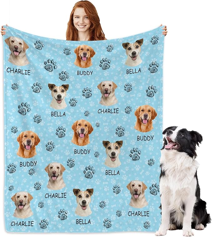 Personalized Dog Blankets with Name Photos, Custom Paw Print Blanket by Artsadd