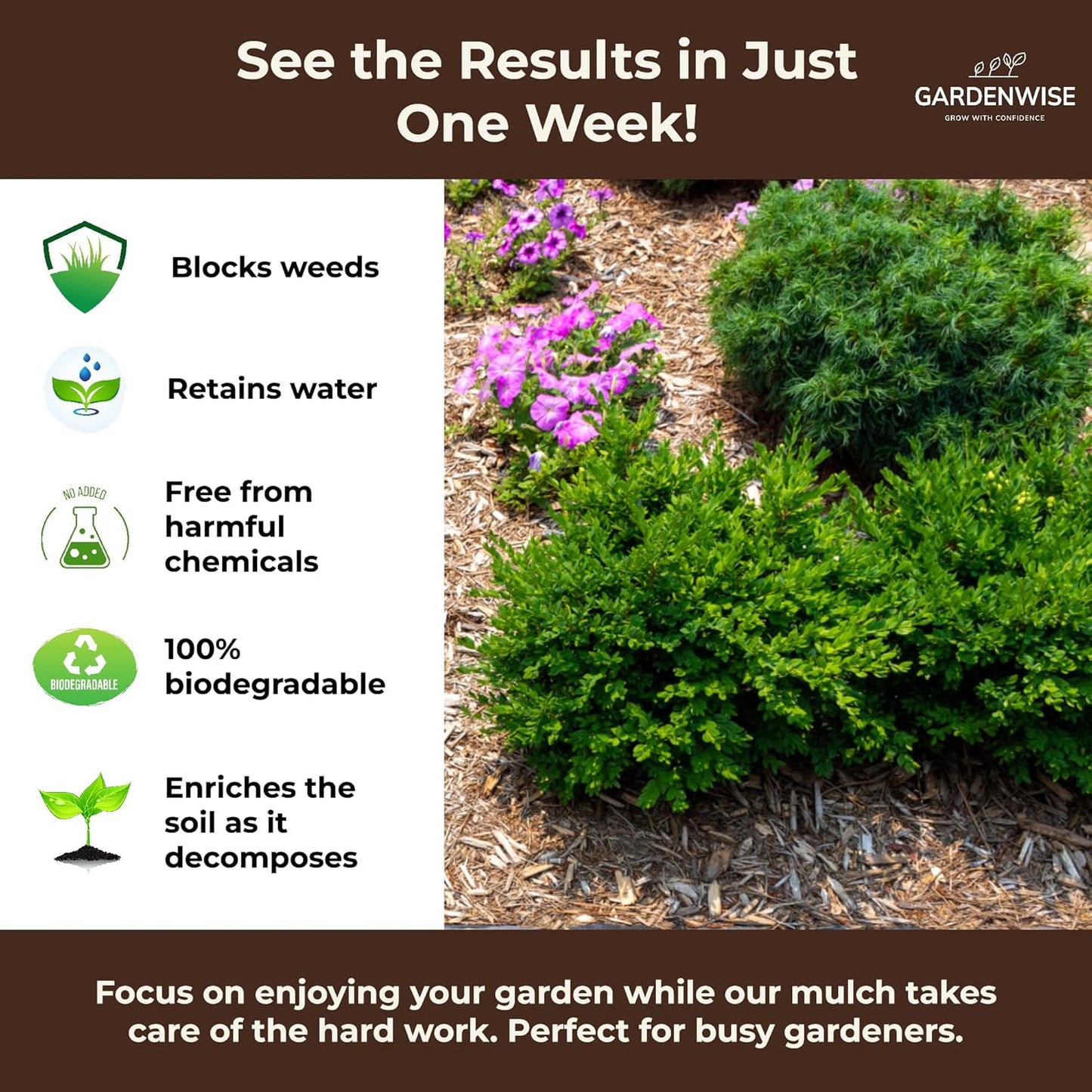 Premium Organic Wood Mulch for Gardens, Landscaping, Potted Plants, and Vegetable Gardens (2 CF - 56 L - 59 QTS)