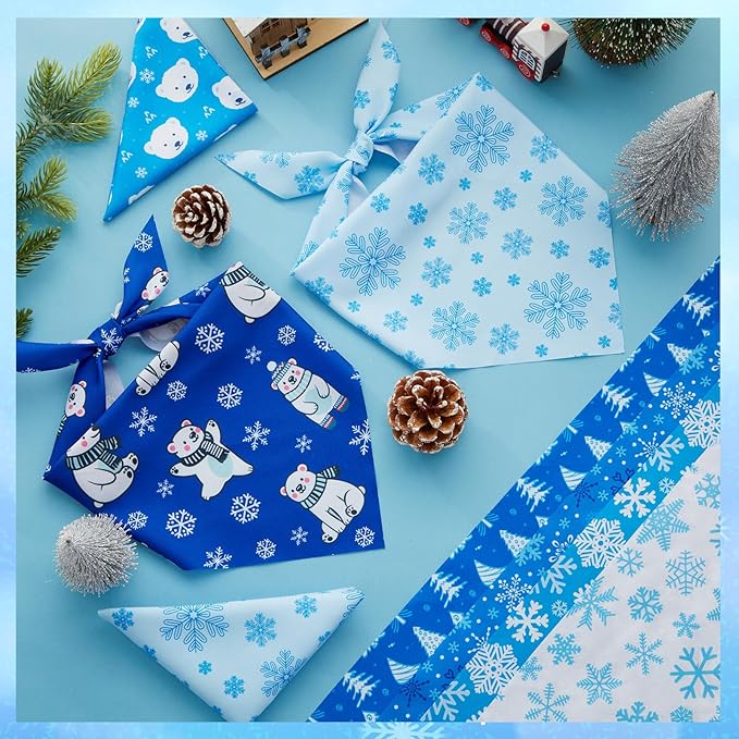 Preboun 50 Pcs Winter Dog Bandanas Bulk Blue Snowflakes Snowmen Bandanas - Image 5