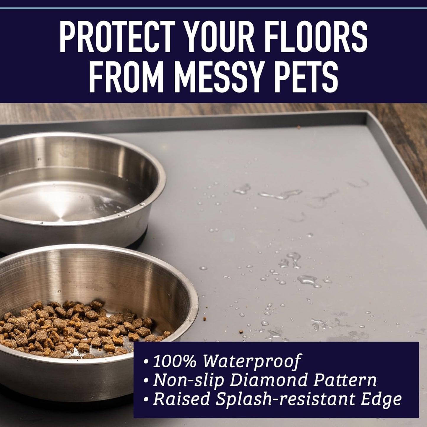 Leash Boss Silicone Pet Feeding Mat with Raised Edge - 20" x 13" Grey - Waterproof Non-Slip Dog Bowl & Water Tray - Spill Containment Lip for Dogs & Cats - Placemats for Cats and Dogs Water Bowl