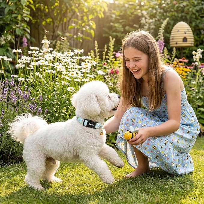 Dog Collar with Bees & Flowers Pattern, Spring Summer Collection Blue Dog - Image 7