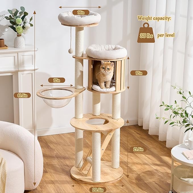 Modern Cat Tree Tower with Scratching Post, 61.5in Tall Cat Tree - Image 2