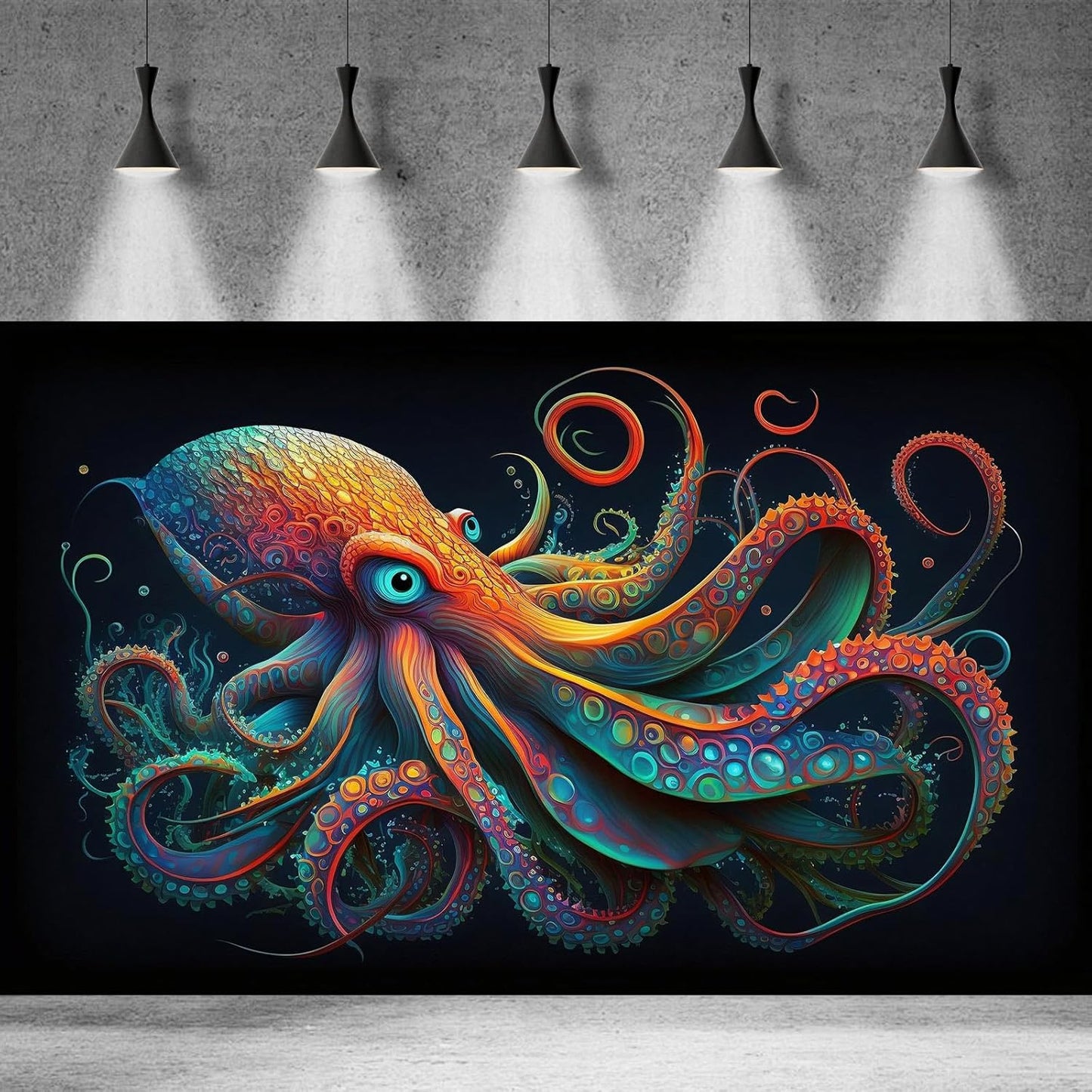 Octopus Aquarium Background Abstract Colorful Octopus Terrarium Background Glowing Octopus on Black Background Fish Tank Backdrop Poster Wallpaper Decorations Vinyl 36x24in