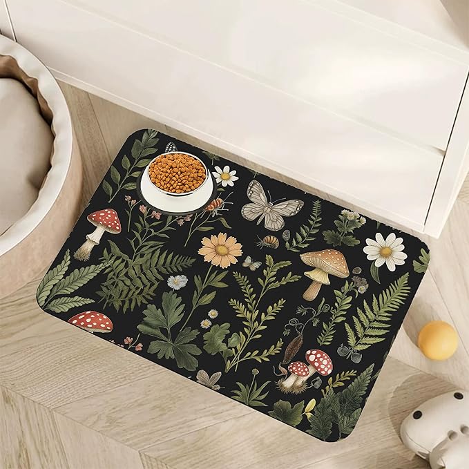 Red Mushroom Pet Feeding Mat, Fern Herb Butterfly Absorbent Quick-Dry Cat Dog by Unknown