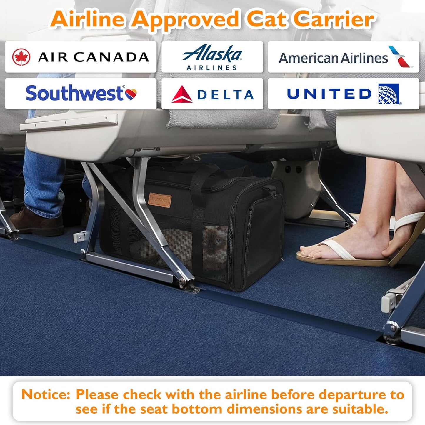 PETUX TSA Approved Pet Carrier in Cabin, 17"x11"x9.5" Soft Cat Carriers for Small Cats up to 12 lb, Top-Open Portable Dog Carrier with Litter Box and Anti-Scratch Mesh for Puppy up to 10 lb (Black)