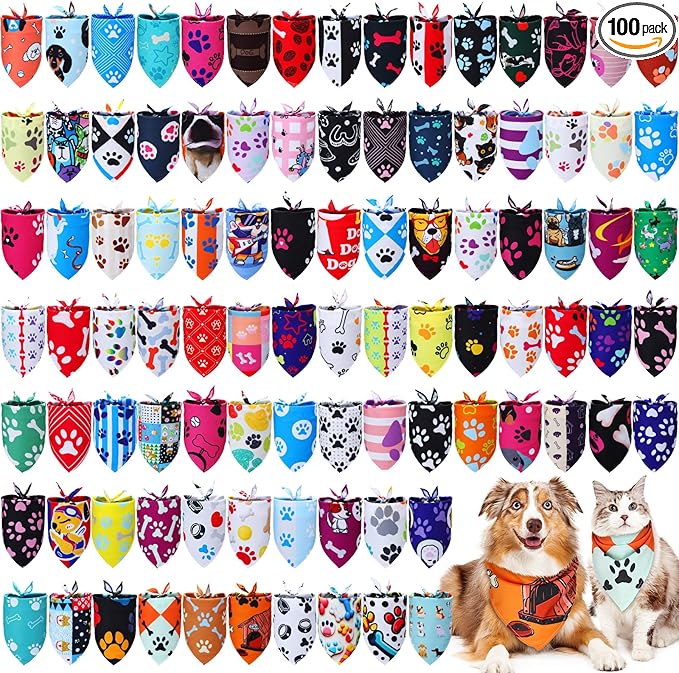 Huhumy 100 Pcs Paw Dog Bandanas Bulk Pet Bibs Colorful Triangle Scarf Paw by Huhumy