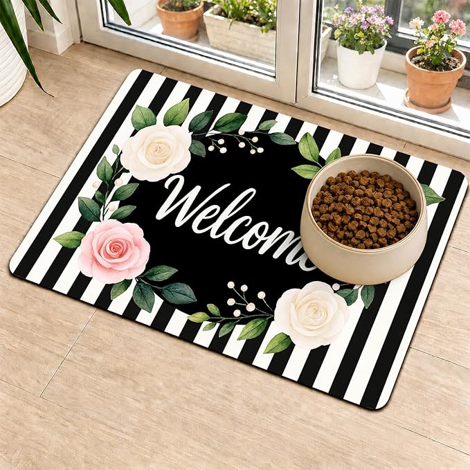 HOMETITUTE Pet Feeding Mat Black White Stripe Pattern 20" x 12", Welcome Sign - Image 2