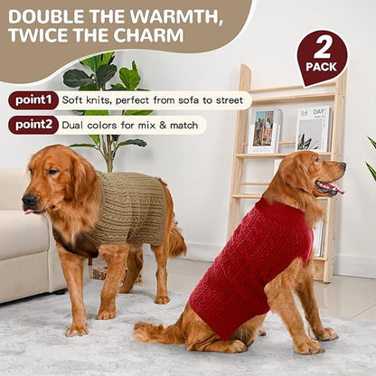 2 Pack Dog Sweaters for Large Dogs Winter Turtleneck Pullover Cable Knit Fleece - Image 2