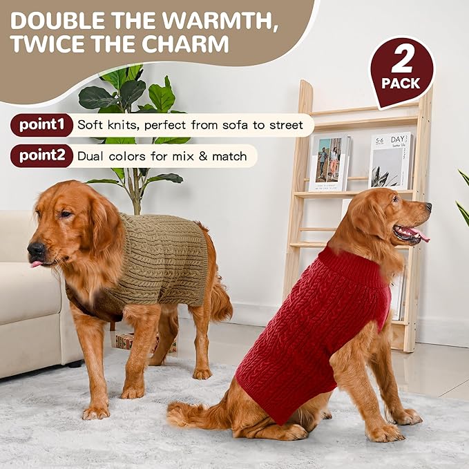 2 Pack Dog Sweaters for Large Dogs Winter Turtleneck Pullover Cable Knit Fleece - Image 2