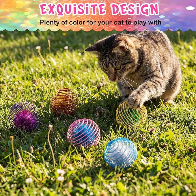 Jecery 5 Pcs Cat Spring Toys Stretchable Rolling Balls Colorful Playful Coils - Image 4