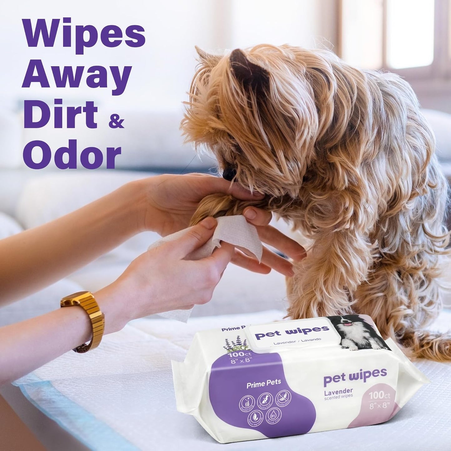 PrimePets 400pcs Dog Wipes for Paws and Butt, Large Pet Wipes for Dogs, Dog Wipes Cleaning Deodorizing, Hypoallergenic, Puppy Wipes for Grooming Face Fur Body, Lavender Scented