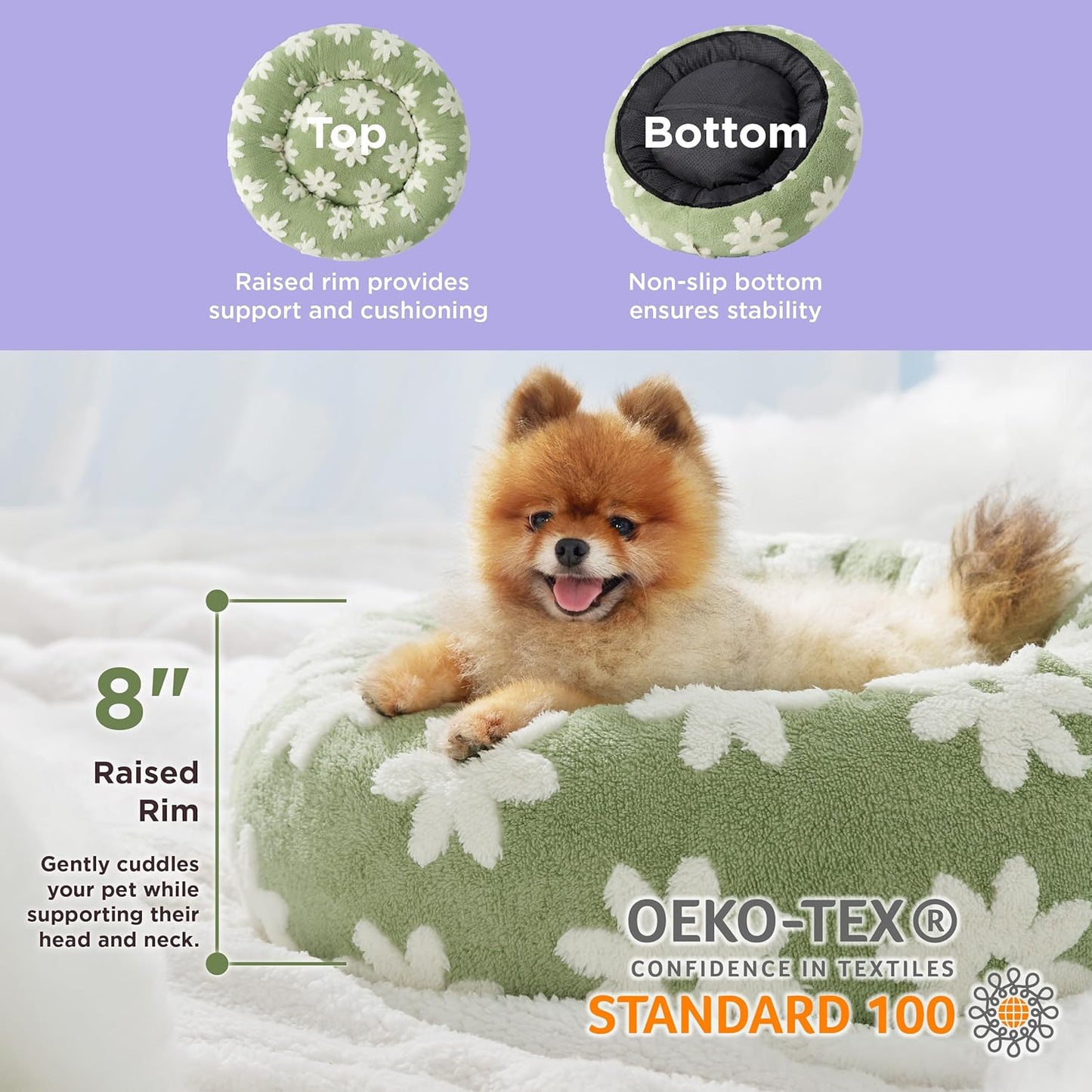 LE SURE Small Dog and Cat Bed - Round Calming Beds, Cute Modern Design with Jacquard Shaggy Plush, Anti-Slip Bottom, 23 Inch, Green