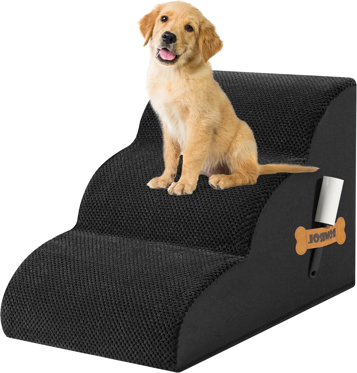 Romrol Dog Stairs Ramp for High Beds Couches, High Density Foam Pet Steps with Durable Non-Slip Waterproof Fabric Cover, Dog Stairs for Small Dogs or Cats or Pets, 3-Step,15 Inch,Black