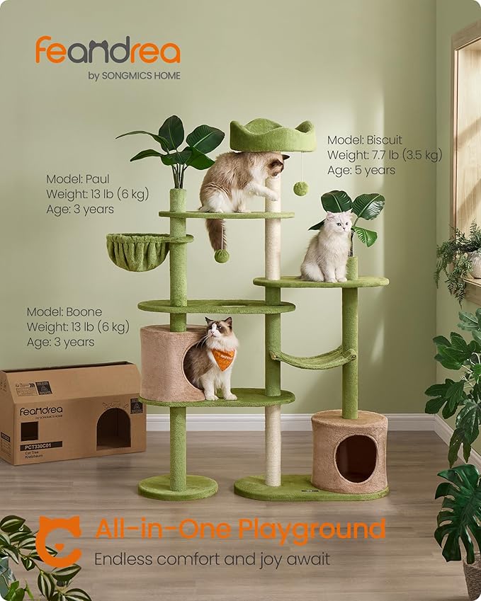 Feandrea Cat Tree, 68.1-Inch Tall Cat Tower, 3 Scratching Posts, 2 Pompoms - Image 2