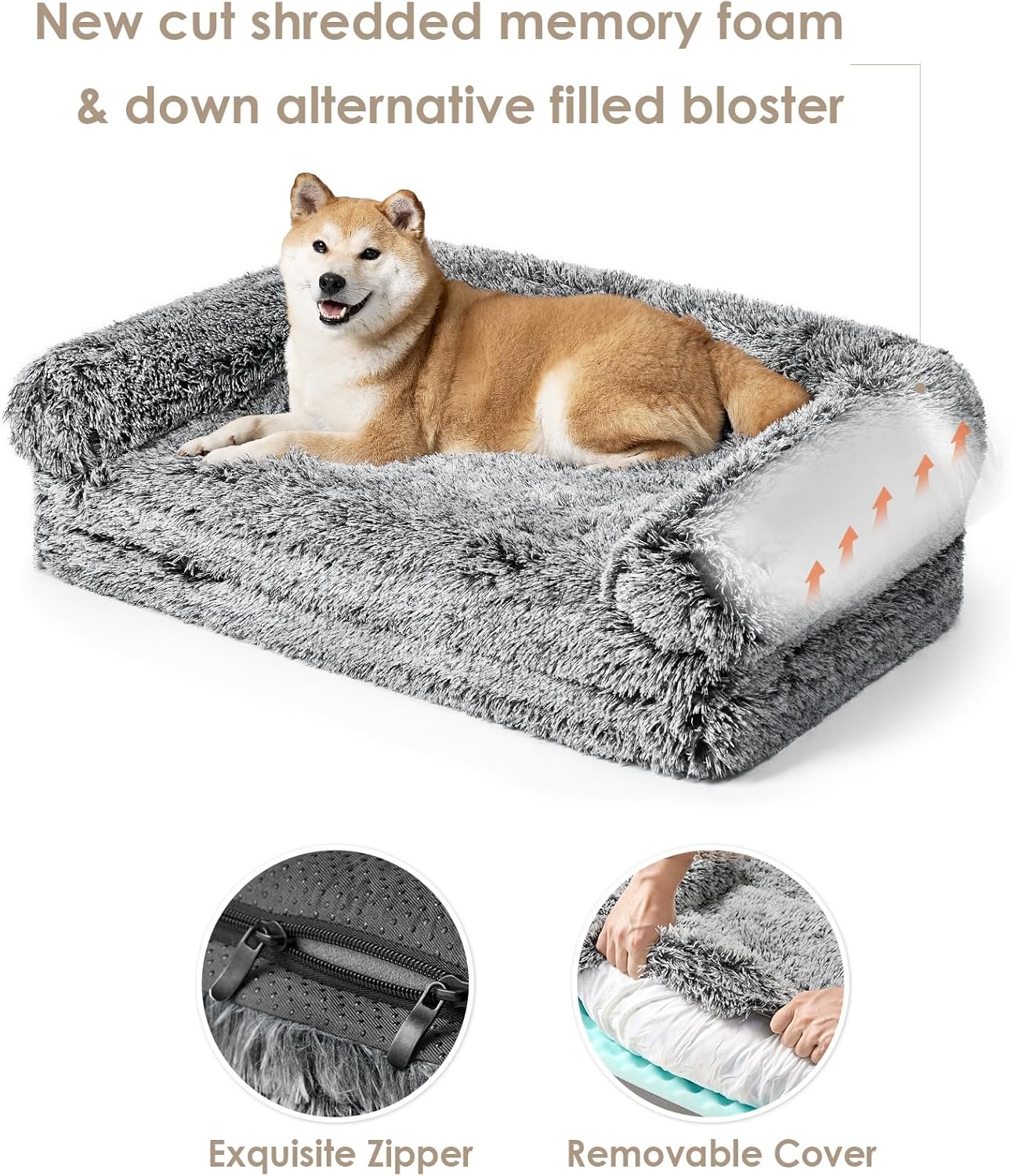 EHEYCIGA Foldable XXL Dog Bed, Faux Fur Fluffy Pet Couch Bed for Extra Large Dogs, Orthopedic Calming Memory Foam Pet Bed, Washable Soft Pet Sofa Bed with Non-Slip Bottom, Faded Black, 54"x38"x7.5"